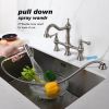 8 inch Centerset Bridge Kitchen Faucet with Brass Side Sprayer 2 Handles 4 Holes Antique Classic Heritage Deck-Mount Kitchen Sink Faucet