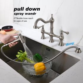 8 inch Centerset Bridge Kitchen Faucet with Brass Side Sprayer 2 Handles 4 Holes Antique Classic Heritage Deck-Mount Kitchen Sink Faucet