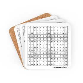 Corkwood Coaster Set - 4 Pieces / Genesis 1:26-27 Graphic Print